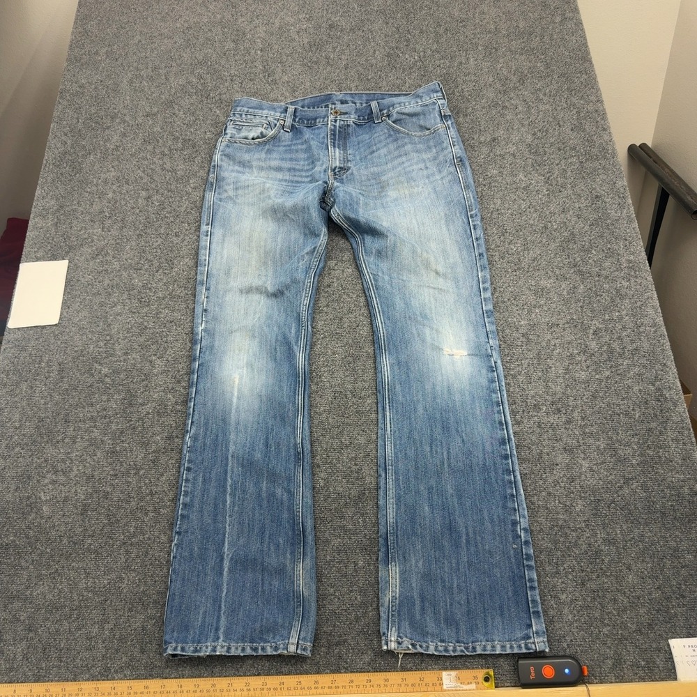 Levis Jeans Mens 36x34 Blue Cotton Blend 527 Slim Bootcut Distressed Casual